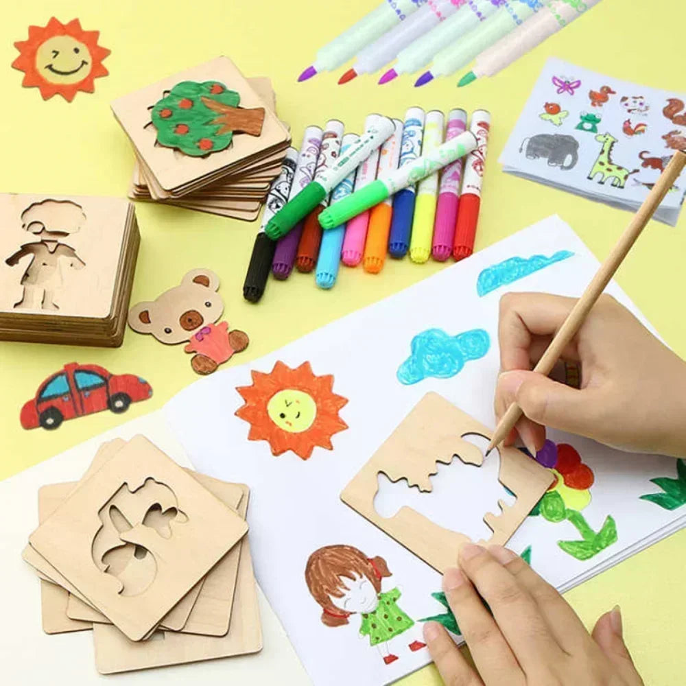 Kit para desenhar com 20 moldes (stencil) em madeira - Brinquedo Montessoriano educativo.